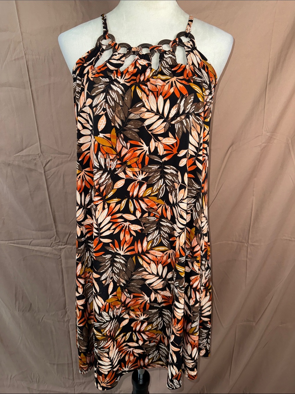 NWOT SJS Black Floral Midi Dress with Orange, Brown & Cream Leaves- Small